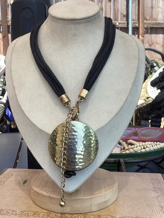 Chico's Jewelry - Black Cord Necklace with Hammered Gold Medallion -  Women Jewelry